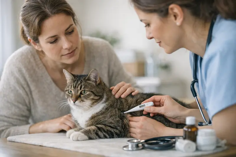Tierarztuntersuchung bei Katzen zur Temperaturmessung Eine Katze wird von einer Tierärztin untersucht, wobei ihre Temperatur gemessen wird.
