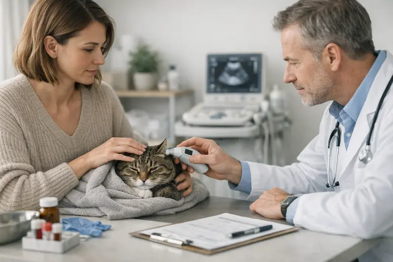 Tierarztbesuch mit Katze zur Gesundheitsversicherung Eine Katze wird von einem Tierarzt untersucht, während der Besitzer Fragen zur Tierkrankenversicherung stellt.
