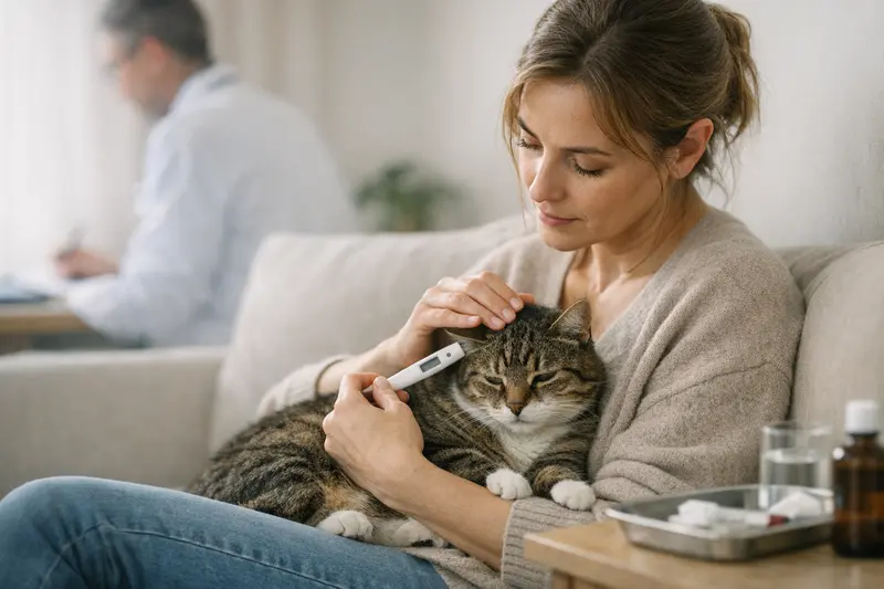 Katzenbesitzerin untersucht die Körpertemperatur ihrer Katze auf Fieber.