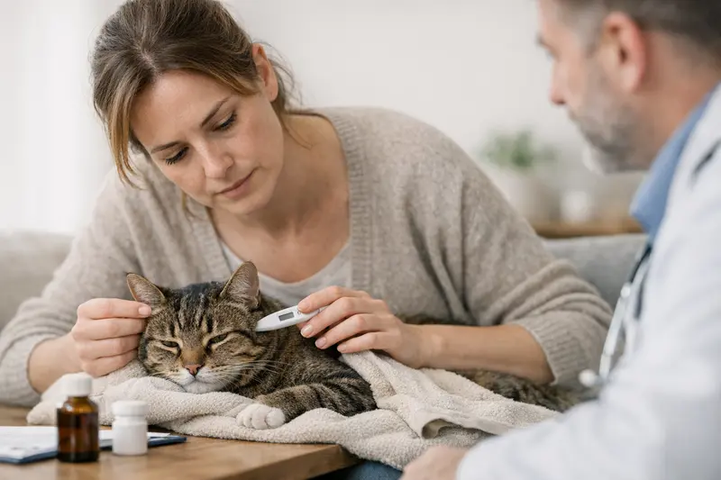 Tierarztrücksprache bei Katzenfieber Eine Katze wird vom Tierarzt untersucht, um Fieber zu diagnostizieren.