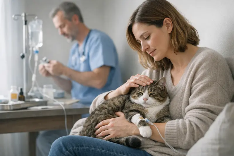 Tierarztbesuch bei Fieber Ein Tierarzt untersucht eine Katze mit Fieber.