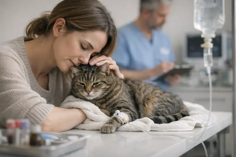 Tierarztuntersuchung bei Fieberkatze Ein Katzenarzt untersucht eine Katze mit Fieber.