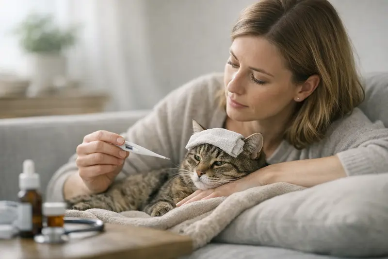 Vorsorgeuntersuchung bei Fieber Tierarzt untersucht eine Katze mit Fieber zur Vorsorge.