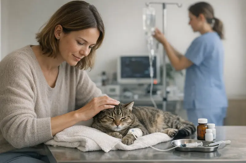 Tierarztprüfung bei fieberhaften Katzen Katzendiagnose bei Fieber: Tierarzt überprüft Gesundheitszustand mit Gerät