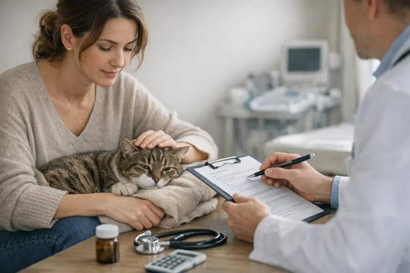 Veterinär untersucht eine Katze und klärt über Tierarztkosten und Versicherungsoptionen auf.
