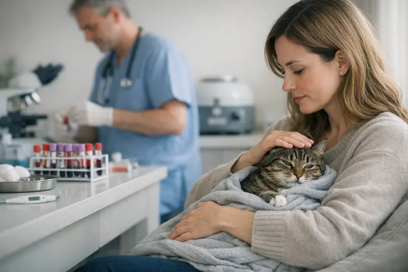 Katzenkrankenversicherung Diagnostik Ein Tierarzt untersucht eine Katze und führt Laboruntersuchungen durch.