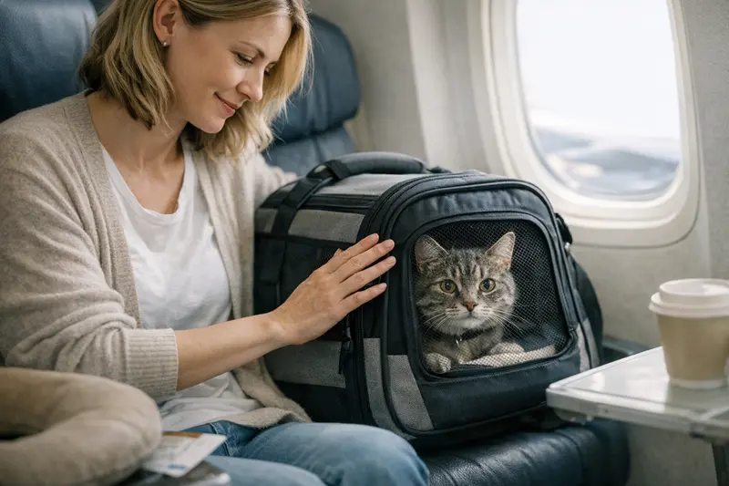 Katze fliegen Transportvorbereitung Eine entspannte Katze in einer Transporttasche während eines Fluges, um die Bedeutung der richtigen Vorbereitung zu zeigen.
