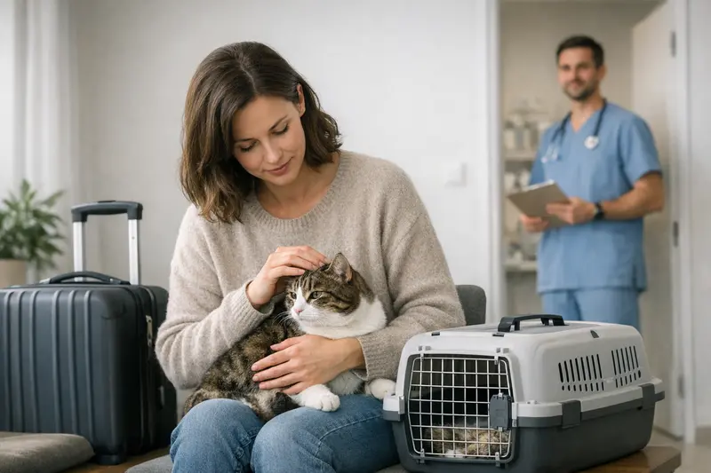 Eine Katze reist im Transportkorb zum Tierarzt, während ein Besitzer sich um ihre Gesundheit sorgt.