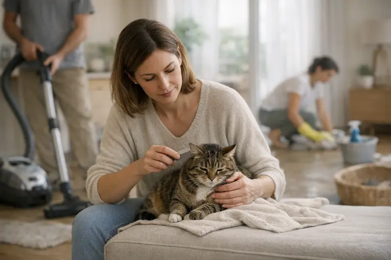 Flöhe bei Katzen erkennen und behandeln Eine Katze und ihre Umgebung, die für die Behandlung von Flöhen entscheidend ist.
