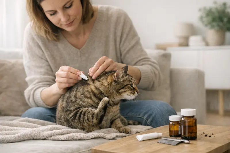 Katzenuntersuchung für Flohbehandlung Eine Katze wird vom Tierarzt untersucht, um die Notwendigkeit einer Flohbehandlung und Medikamente zu klären.