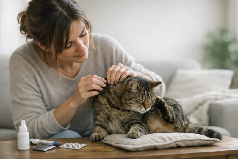 Vorsorgeuntersuchung bei Parasiten für Katzen Eine Katze wird beim Tierarzt auf Parasiten untersucht.