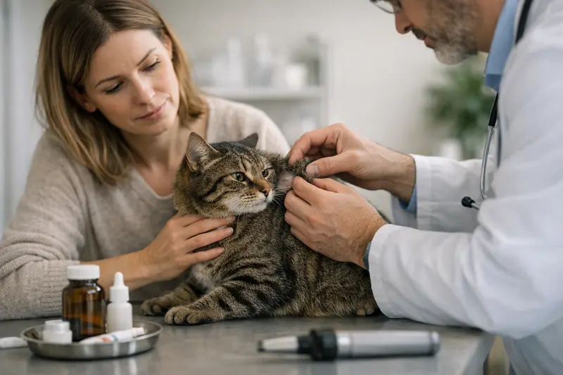 Tierarztkosten bei Flohbefall Eine Katze bei der Untersuchung durch einen Tierarzt, um Flohbefall zu analysieren.