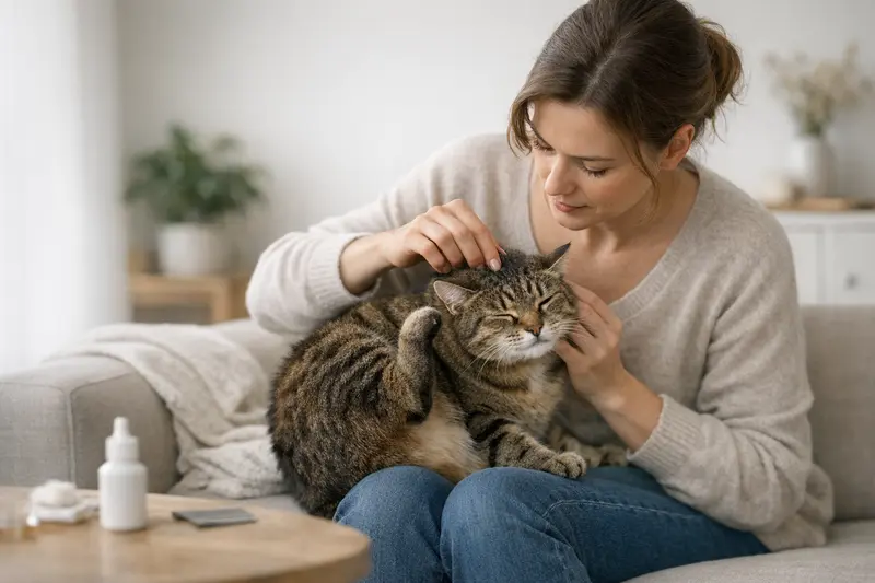 Katze mit Verletzungen durch Flöhe Katze mit Flöhen, die sich kratzend im Wohnzimmer befindet.