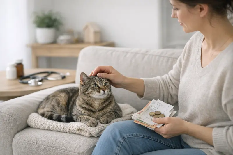 Kosten der Katzenkrankenversicherung Eine Katze bei einem Tierarzt, der die Kosten für eine Katzenkrankenversicherung erklärt.