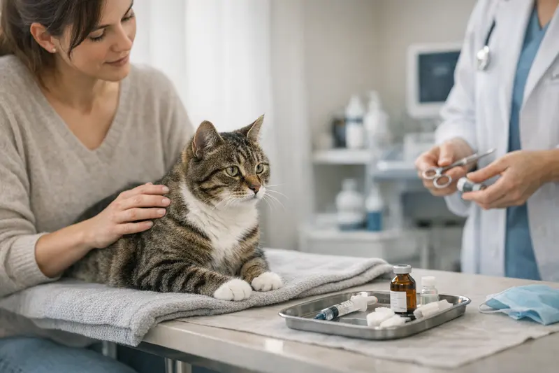 Eine Katze sitzt nach der Kastration in einem sicheren Umfeld.