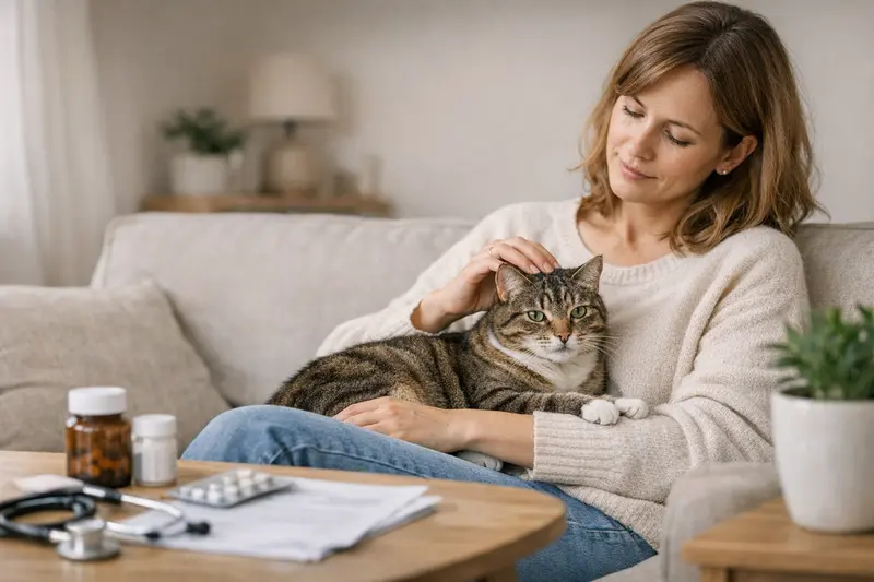 Katzenversicherung für Wohnungskatzen Eine Wohnungskatze sitzt entspannt in einer sonnigen Ecke, während sie auf ihre Gesundheit achtet.