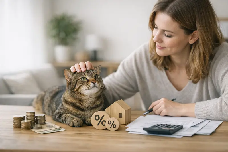 Selbstbeteiligung und Erstattungssatz in der Katzenversicherung Eine Katze sitzt auf einem Tisch und betrachtet eine Tierarztrechnung, während der Besitzer die Selbstbeteiligung und den Erstattungssatz diskutiert.