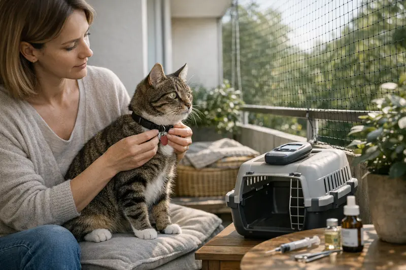 Vorbereitungen für den ersten Freigang einer Katze Eine Katze steht vor einem gesicherten Balkon, um den ersten Freigang vorzubereiten.