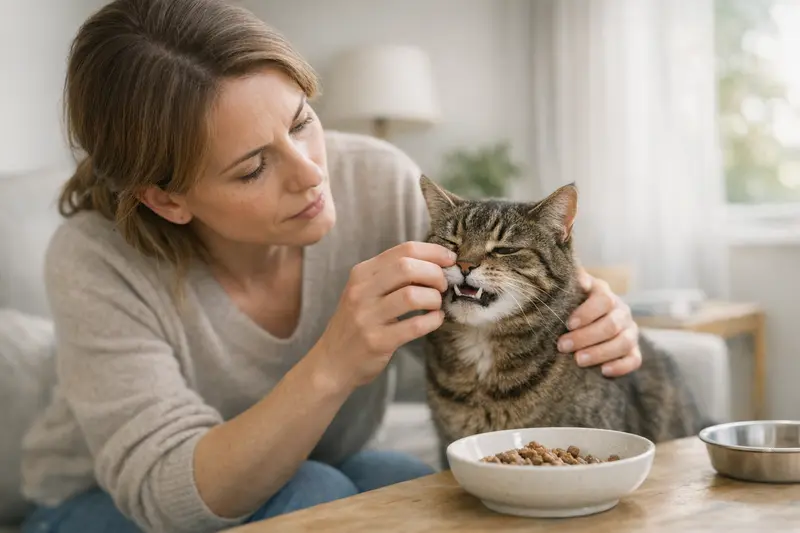 Eine Katze mit Zahnproblemen frisst vorsichtig ihr Futter.