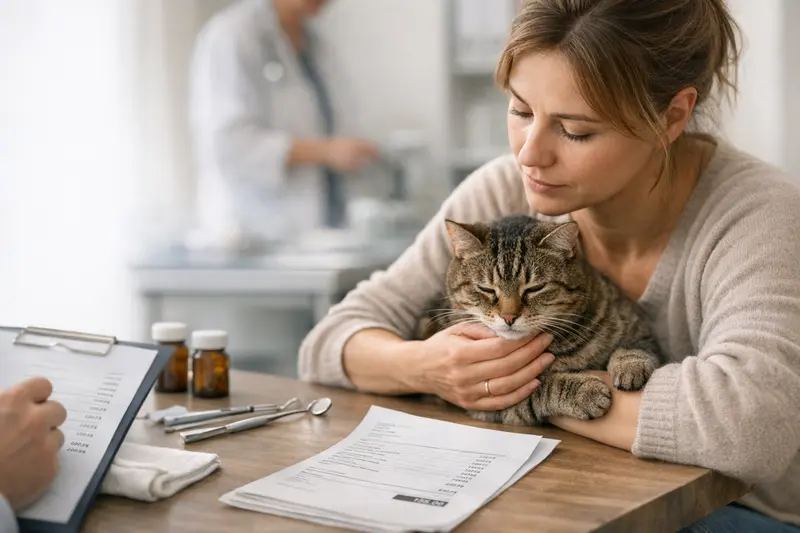Katzenversicherung und Vorsorge beim Tierarzt Eine glückliche Katze beim Tierarzt, umgeben von Vorsorgeunterlagen für die Krankenversicherung.