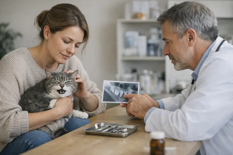 Katzenzahngesundheit beim Tierarzt Katze wird beim Tierarzt untersucht, um Zahnprobleme zu diagnostizieren.