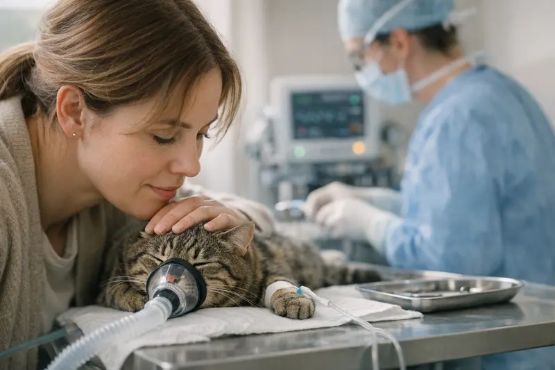 Katze in Narkose während Zahnuntersuchung Eine Katze, die während einer Zahnbehandlung in Narkose ruhig liegt.