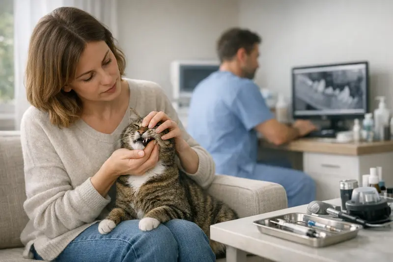 Zahnbehandlungen bei Katzen umfassend erklärt Eine Katze bei der tierärztlichen Untersuchung ihrer Zähne zur Klärung von Zahnproblemen.