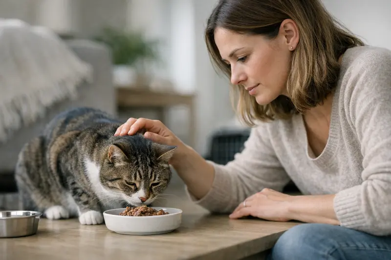Eine Katze schnuppert vorsichtig am Futter und zeigt Anzeichen von Unbehagen.