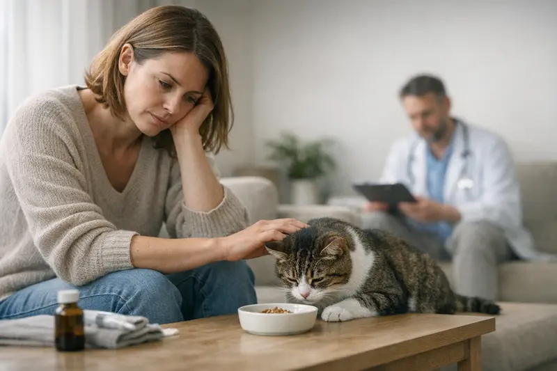 Tierarztbesuch Katze vor der Versicherung Eine Katze beim Tierarzt, die auf Gesundheitsprobleme untersucht wird, während der Halter besorgt zuschaut.