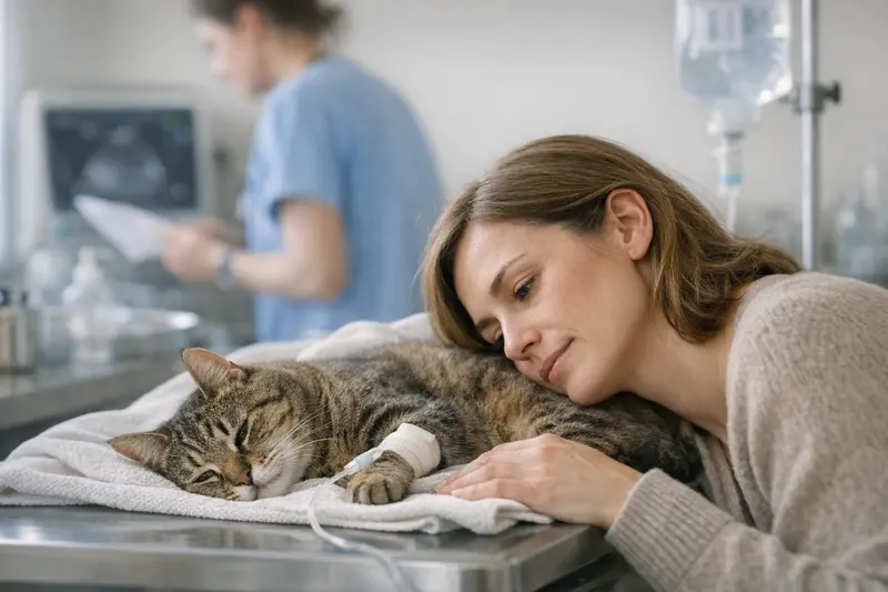 Katzenarztkosten bei Nahrungsverweigerung Eine besorgte Katze beim Tierarzt zeigt besorgte Besitzer, die über Tierarztkosten nachdenken, wenn die Katze nicht frisst.