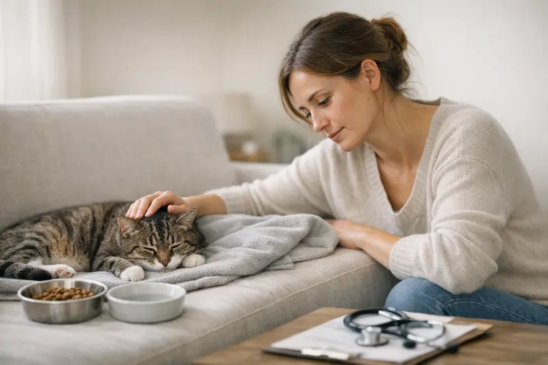 Katzenfressen - Wichtige Informationen für Katzenhalter Eine nachdenkliche Katze beobachtet aufmerksam ihre Umgebung, während sie nicht frisst.