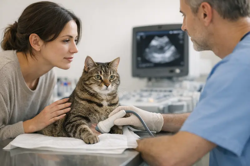 Diagnostik bei Katzen – Blutbild und Ultraschall Eine Katze wird beim Tierarzt untersucht, um Diagnostik wie Blutbild oder Ultraschall durchzuführen.