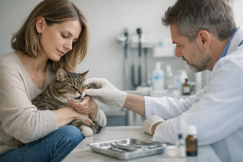 Eine Katze beim Tierarzt, die wegen Zahnproblemen untersucht wird.