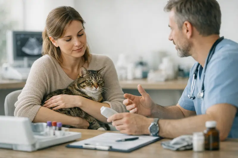 Katzenuntersuchung beim Tierarzt Eine Katze beim Tierarzt, die auf Gesundheitsuntersuchungen vorbereitet wird.