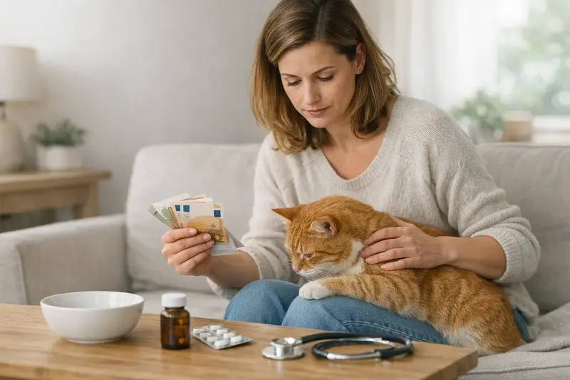 Selbstbeteiligung bei Tierarztkosten für Katzen Eine Katze sitzt auf einem Tisch beim Tierarzt, während der Besitzer über Kosten und Selbstbeteiligung spricht.