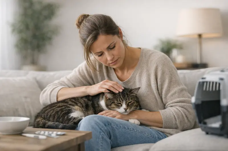 Warnzeichen bei kranken Katzen Eine besorgte Katzenhalterin beobachtet ihre Katze, die Anzeichen von Krankheit zeigt.