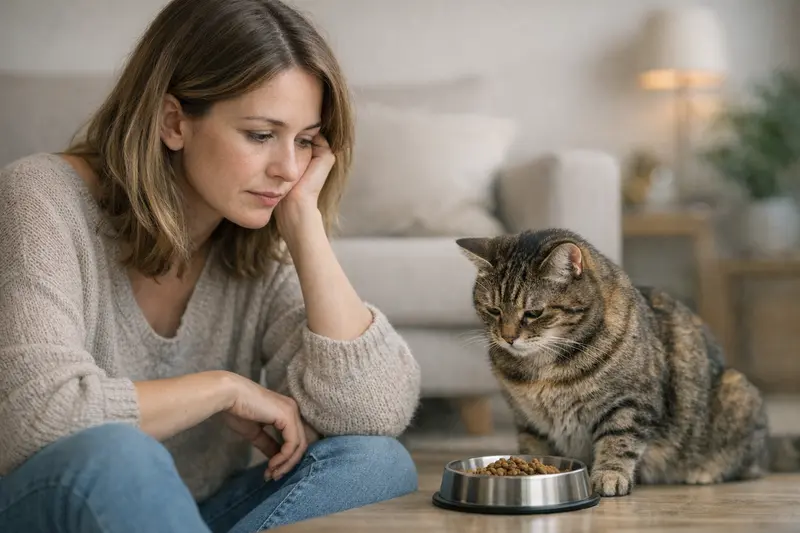 Eine besorgte Katze sitzt vor ihrem Futternapf und zeigt Anzeichen von Appetitlosigkeit.