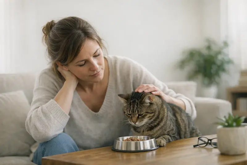 Katze mit Fressunlust Eine Katze sitzt nachdenklich und zeigt Anzeichen von Fressunlust, was auf Stress hindeuten kann.