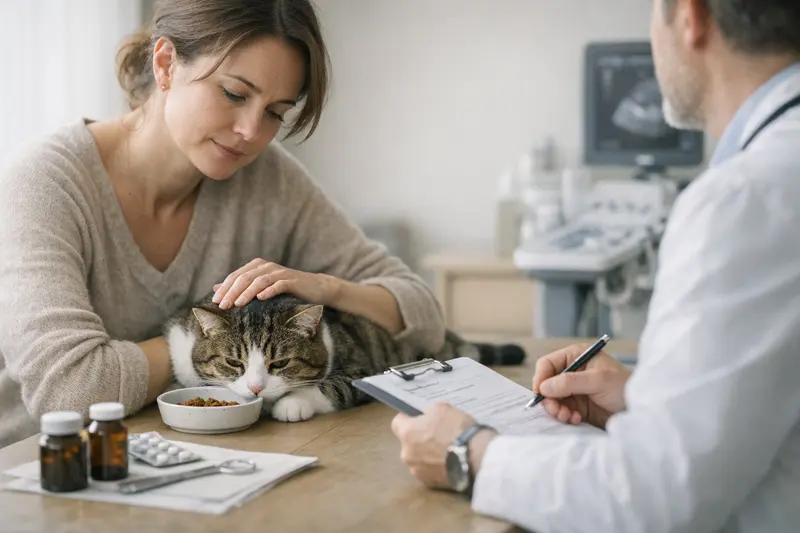 Ein Tierarzt untersucht eine Katze, die Anzeichen von Fressunlust zeigt.