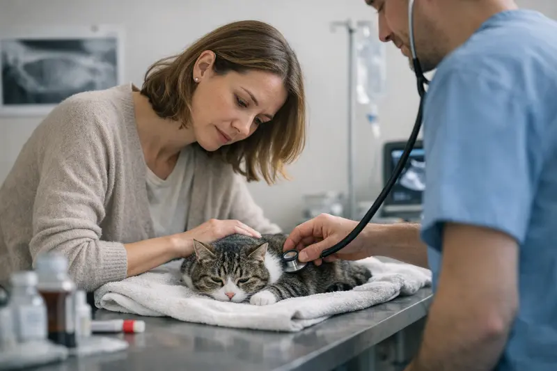 Eine Tierarztpraxis mit einem Tierarzt, der eine Katze untersucht, die nicht frisst.