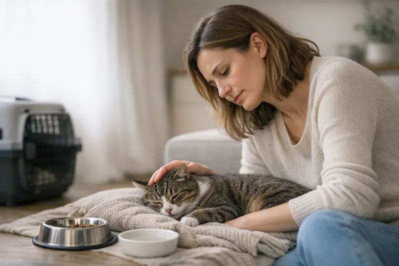 Katze frisst nicht - Ursachen und Handlungsbedarf Eine Katze schaut besorgt auf ihren Fressnapf, weil sie seit 24 Stunden nichts gefressen hat.