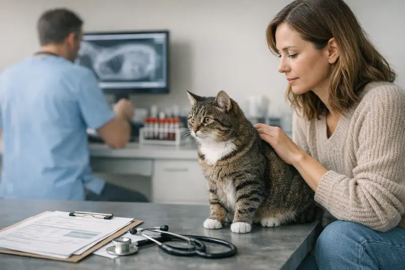 Eine Katze beim Tierarzt, die auf eine Untersuchung wartet, symbolisiert die Wichtigkeit der Katzenversicherung zur Kostenabdeckung.