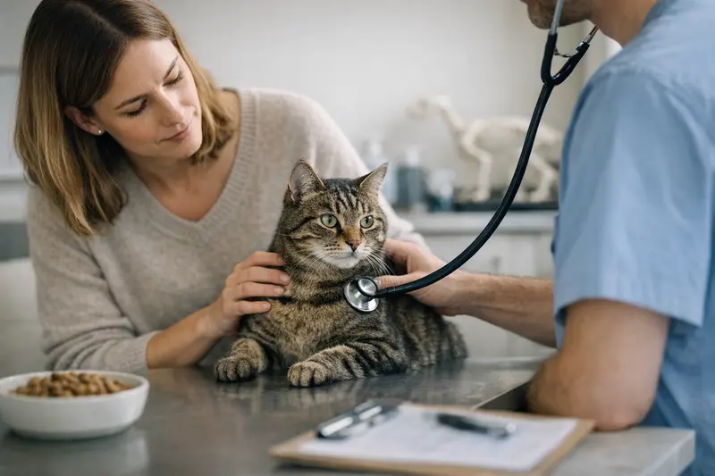 Eine Katze genießt gesundes Futter aus einer Schüssel, während im Hintergrund ein Tierarzt informiert.