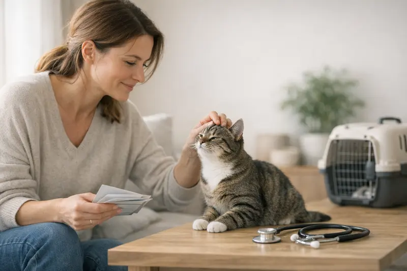 Katzenversicherung abschließen Eine gesunde Katze liegt entspannt auf einem Tisch, während ein Tierarzt die Unterlagen für eine Versicherung vorbereitet.