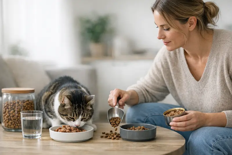 Nass- und Trockenfutter für Katzen Eine Katze, die vorsichtig eine Schale mit Nassfutter betrachtet.