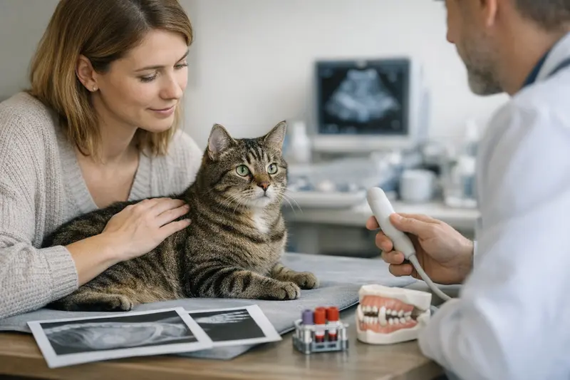 Tierarzt bei einer Katze, um mögliche Fütterungsfolgen zu diagnostizieren.