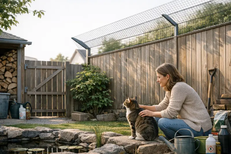 Katzensicherer Garten mit hohem Zaun Katzenfreundlicher Garten mit hohem Zaun und verschiedenen Sicherheitsmaßnahmen für Katzen