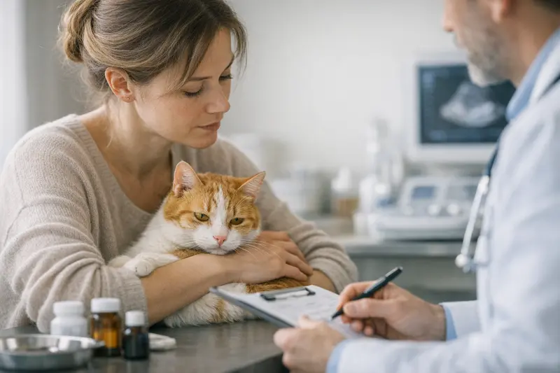 Versicherung für Katzen mit Symptomen Eine Katze beim Tierarzt, um Fragen zur Versicherung bei bestehenden Symptomen zu klären.