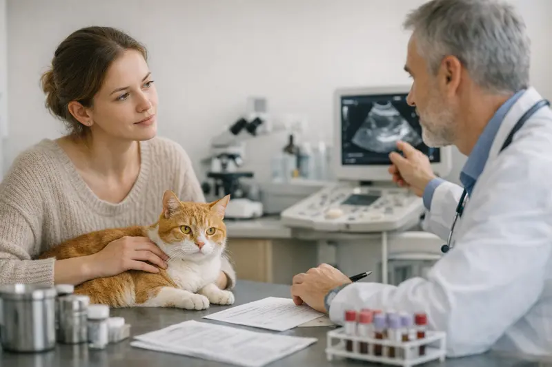 Tierarzt untersucht eine Katze auf Ikterus.