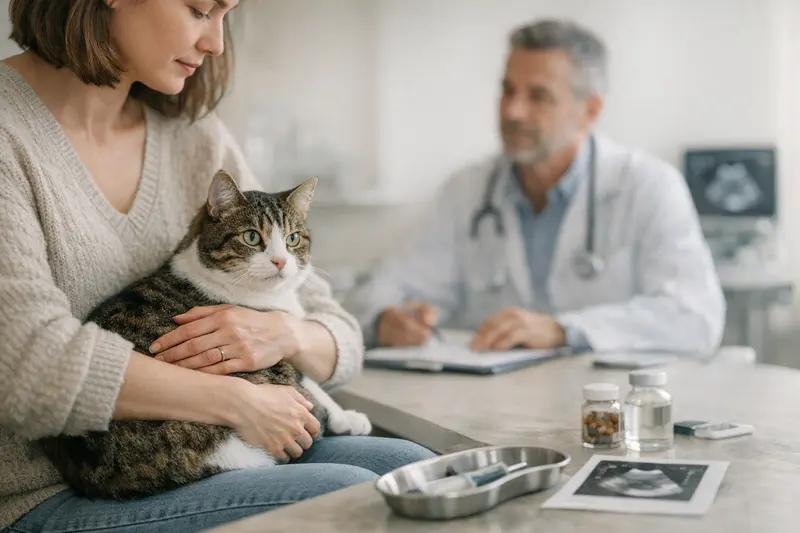 Katze beim Tierarzt zur Gesundheitsprüfung Eine Katze beim Tierarzt zur Untersuchung ihrer Harnwege, die wichtige Informationen zur OP-Versicherung erfordert.